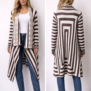 Women’s Long Boho Geometric Knit Neutral Tone Cardigan Open Front Sweater Small